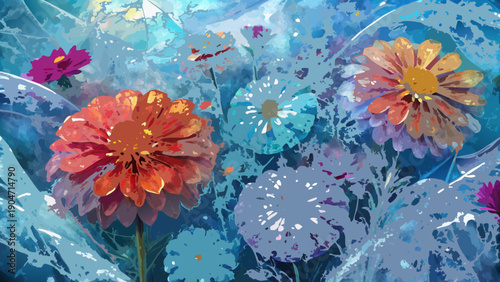 abstract photograph of flowers frozen (zinnia, cosmos, dahlia) in ice resulting in an ethereal, painting-like abstract effect