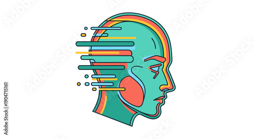Dynamic stylized human head illustration with vibrant data streams, symbolizing artificial intelligence, rapid information processing, mental agility, and the evolution of digital intelligence
