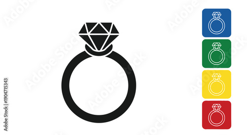Black diamond solitaire ring icon graphic design variations with colorful square buttons