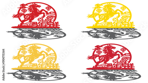 Set of Chinese New Year Horse Zodiac Paper Cut Illustrations in Red and Gold