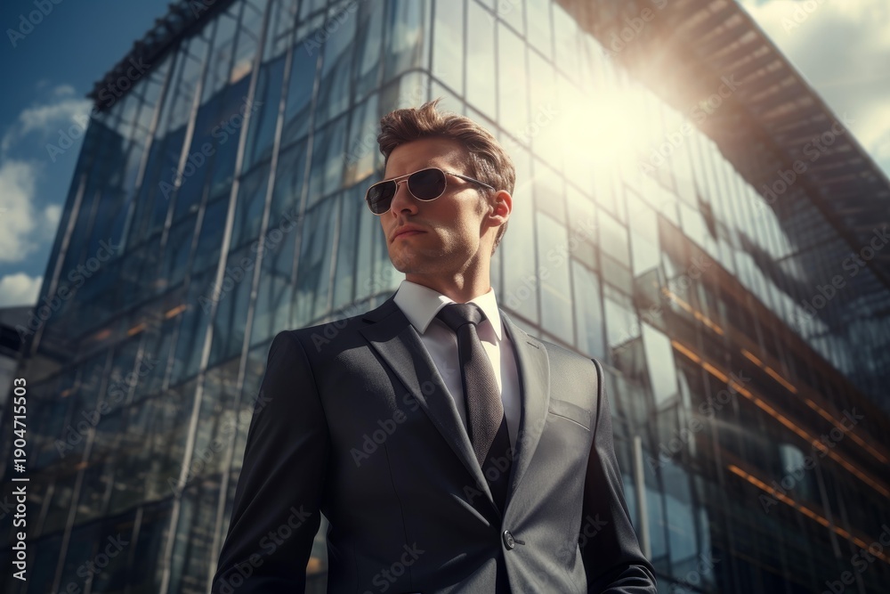 Fototapeta premium Confident young businessman in sunglasses and suit standing in front of a corporate skyscraper