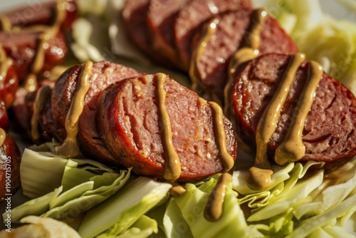 sliced grilled sausage arranged on a plate