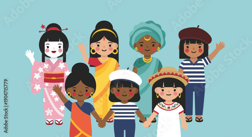 Diverse Children Wearing Cultural Outfits Together.