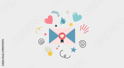 Envelope with Heart Icon and Symbols.