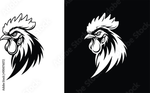 Black and White Rooster Head Vector Illustration Featuring a Bold Chicken Mascot Silhouette for Organic Farm Branding Poultry Butchery Logo and Restaurant Graphic Design