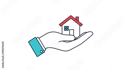 Conceptual illustration of a hand holding a small house icon symbolizing real estate, home ownership, and mortgage services.