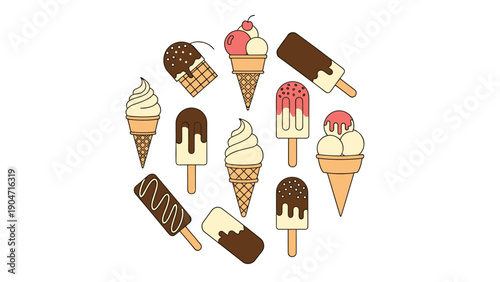 Circular arrangement of various ice cream cones and popsicles with different flavors and toppings on a white background.