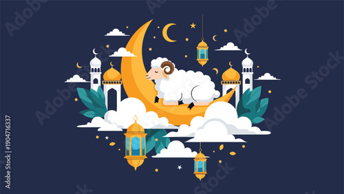 Religious illustration for Eid al-Adha featuring a sheep sleeping on a crescent moon with mosques and lanterns.
