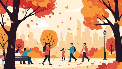 People walking and relaxing in a vibrant city park during autumn with falling orange leaves and city skyline background.