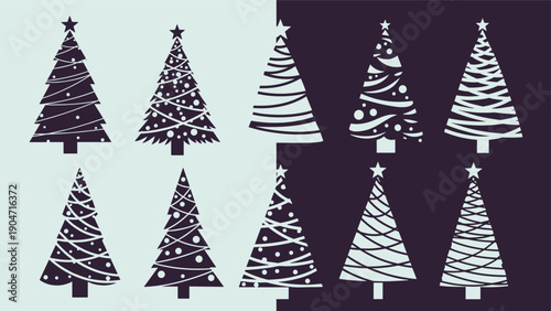Collection of silhouette Christmas trees in two different color schemes on a split light and dark background.