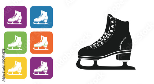 Collection of artistic ice skate icons presented in multiple vibrant and contrasting background color squares