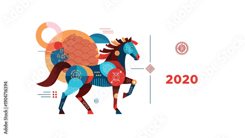 Stylized illustration of a running horse composed of geometric patterns and shapes for the 2020 Year of the Horse.