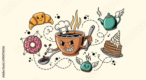 Smiling Coffee Cup with Pastry Surroundings.