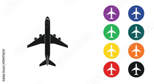 Collection of airplane silhouette icons displayed in various colors for travel application design elements