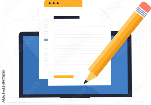 Online Form Filling Concept with Laptop Screen and Pencil Illustration for Digital Documentation, Data Entry, Web Applications, and Office Workflows