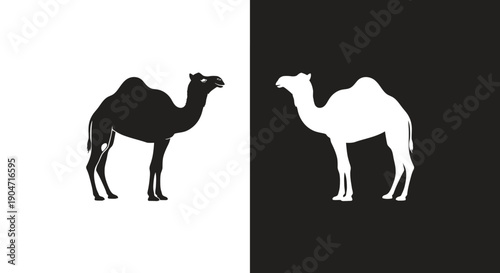 Stylized black and white silhouette of a single hump dromedary camel facing sideways