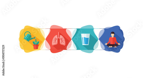 Essential Health Pillars: Nutrition, Respiration, Hydration, and Mindfulness. Wellness Concept Illustration.