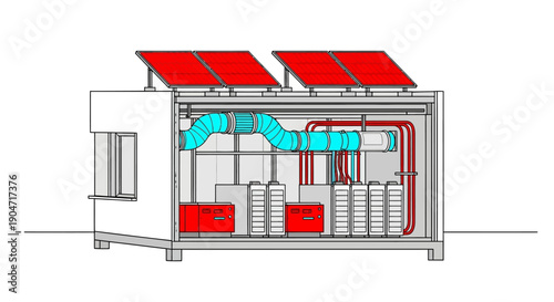 Integrated Modular Energy Container Cross-Section: Solar Panels, Battery Storage, and HVAC Utility System Diagram