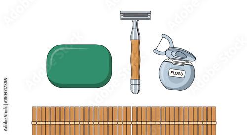 Self-Care Hygiene Kit Illustration: Bar Soap, Classic Safety Razor, and Floss on Bamboo Background