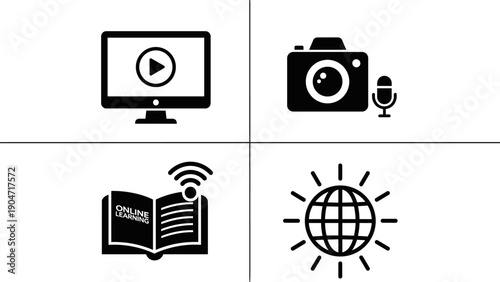 Four Icons Computer Camera Book and Globe