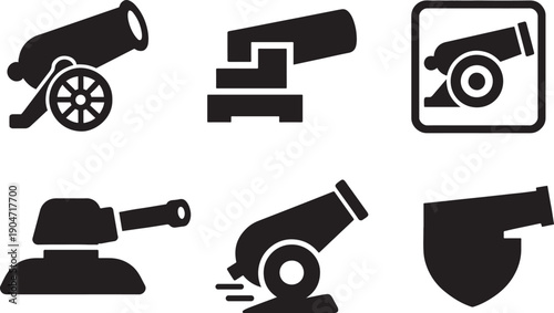 Cannon vector icon set with clean outlines, military and historical weapon symbols for design use