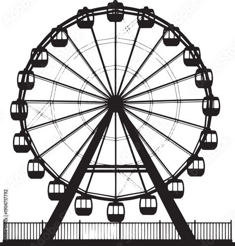Black and white vector illustration of a classic Ferris wheel, an iconic amusement park ride representing fairground entertainment, joy, and leisure