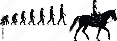 Human Evolution of Horse Riding Silhouette with Darwin Theory of Evolution Progressing from Ape to a Woman Equestrian Rider Sitting on a Stallion Horse (25 words)