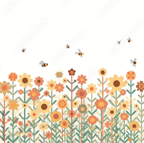 Flat minimalist vector illustration of flowers in a field with bees, simple repetitive shape