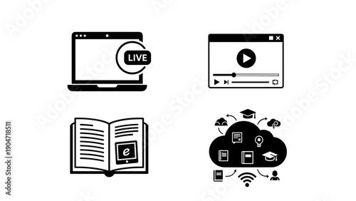 Online Education Icons Laptop Video Book and Cloud