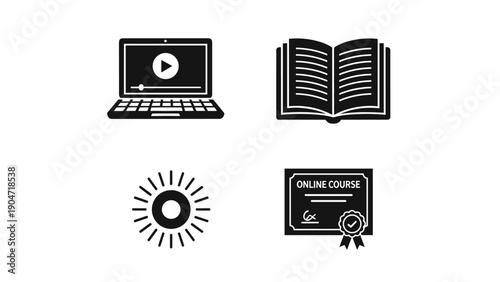 Online Learning Icons Laptop Book Sun and Certificate