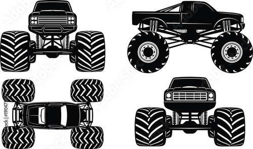Monster truck vector illustration set featuring front side and top down bird eye views of a high performance off road vehicle for extreme sports (25 words)
