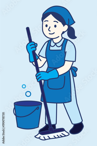 Female Cleaner Mopping Floor with Bucket, Professional Housekeeping Flat Vector Illustration