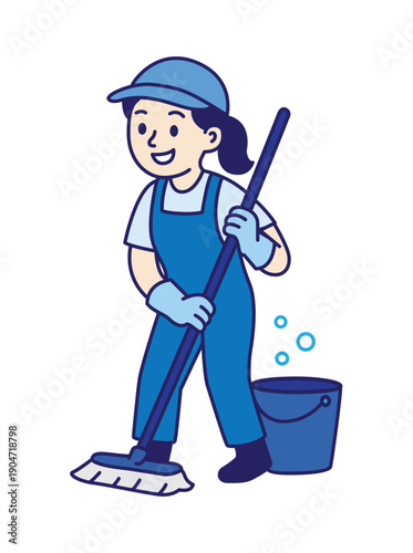 Female Janitor Cleaning Floor with Mop and Bucket Flat Vector Illustration