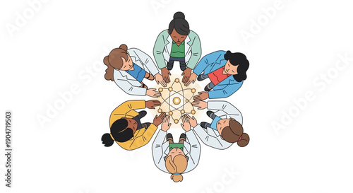 Women in STEM Teamwork: Diverse Female Scientists Collaborate Around Atomic Structure. Research and Innovation Circle Illustration.