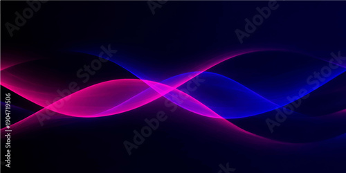 An abstract purple and blue background featuring flowing smoke and glowing waves of light creates a futuristic design with curved motion lines and fractal energy textures
