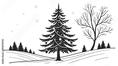 Hand drawn black and white winter landscape with a decorated christmas tree in a snowy field