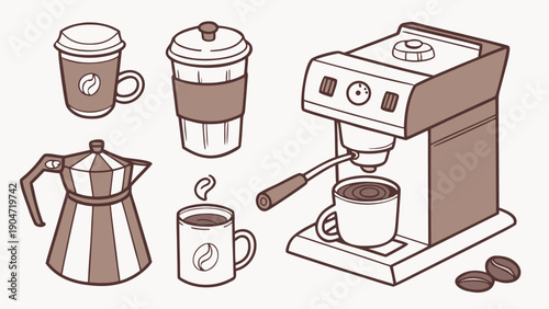 A collection of coffee making equipment and cups including an espresso machine and moka pot.