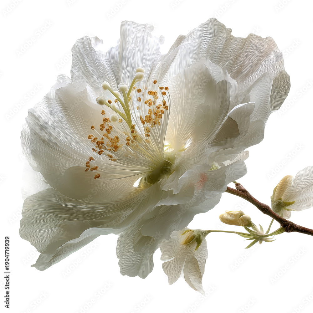 Obraz premium Soft white flower delicate petal botanical art floral blossom dreamy bloom elegant nature closeup macro gentle light spring season romantic mood Soft white flower with delicate petal detail