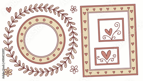 Collection of rustic hand-sketched circular and rectangular frames with floral and heart motifs