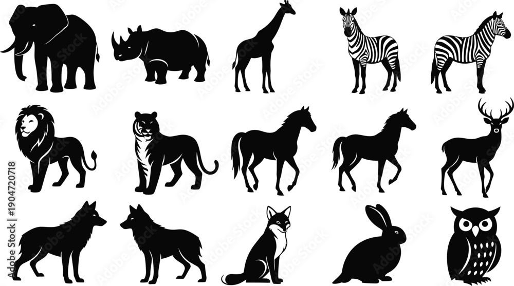 Fototapeta premium Silhouette illustrations of various wild animals