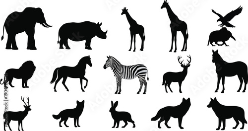 Collection of black silhouettes of various wild animals