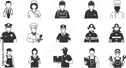Collection of emergency responders and essential workers in various professions