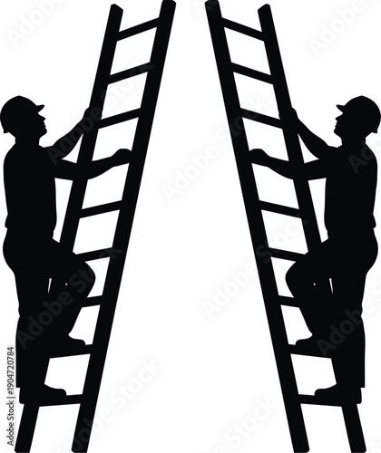 Two workers on separate ladders