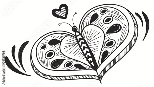 Hand drawn butterfly with heart shaped wings and decorative patterns in black and white sketch style