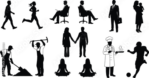 Diverse human silhouettes in various occupations and activities