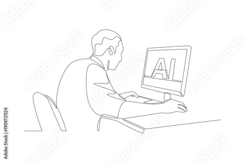 Man Working With AI Interface. Ai assistant Concept. Single line draw design Video 4k. Footage graphic illustration