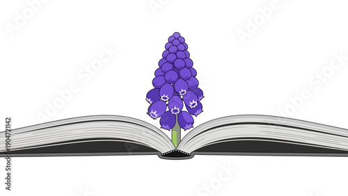 Grape Hyacinth (Muscari) Flower Blooming from Open Book. Vector illustration symbolizing knowledge, education, learning, and literary growth.