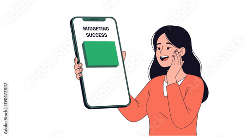 Happy Woman Celebrating Budgeting Success on Mobile App. Personal Finance Management, Savings Goal Achievement, Financial Freedom Vector Illustration.