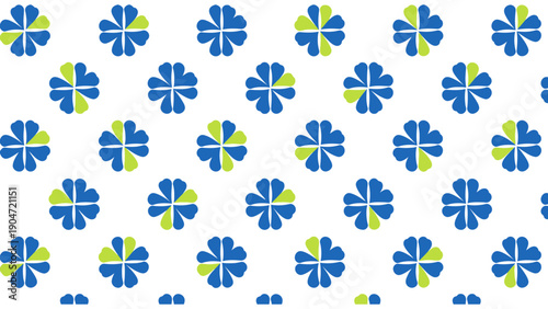 Seamless Clover Pattern. Abstract Floral Repeat Background in Blue, Green, and White. Modern Graphic Textile Design.