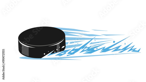 Dynamic Ice Hockey Puck in Rapid Motion with Blue Speed Trail Effect. Sport Slapshot Game Element Vector Graphic on White Background.